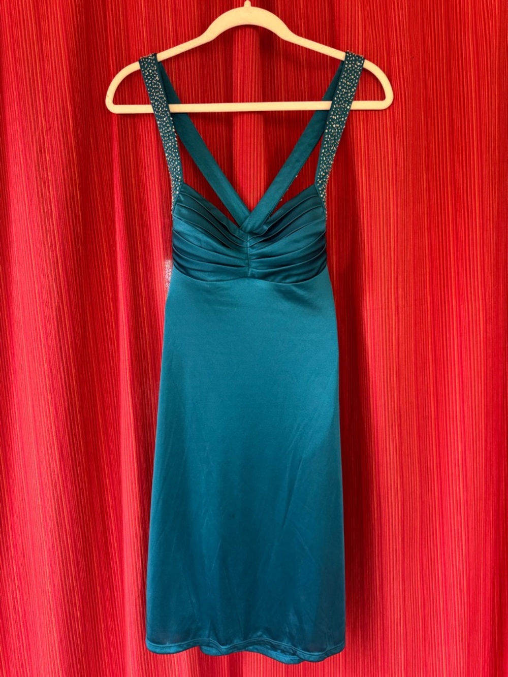NWT Speechless Teal Sleeveless Midi Dress with Beaded Crossed Straps Size 5 New